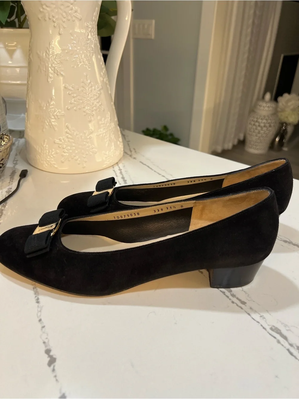 Salvatore Ferragamo Black Suede Vara Bow Pumps with Gold Hardware size W 11.5